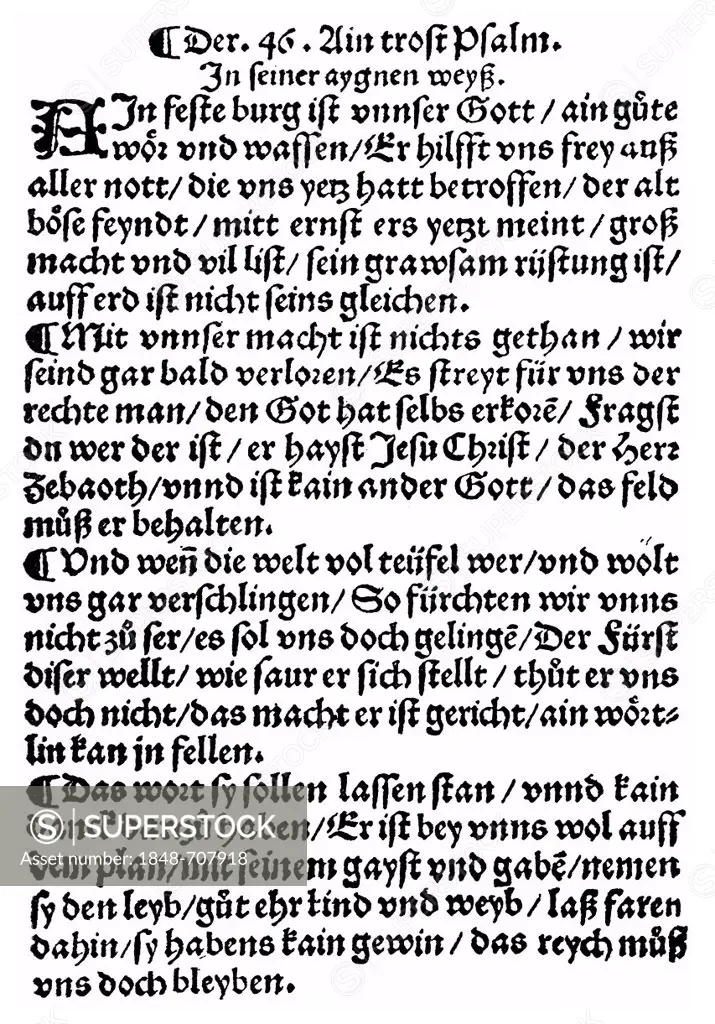 Historic print, woodcut from 1529, reformation document written by Martin Luther, 1483 - 1546, from Bildatlas zur Geschichte der Deutschen Nationallit...