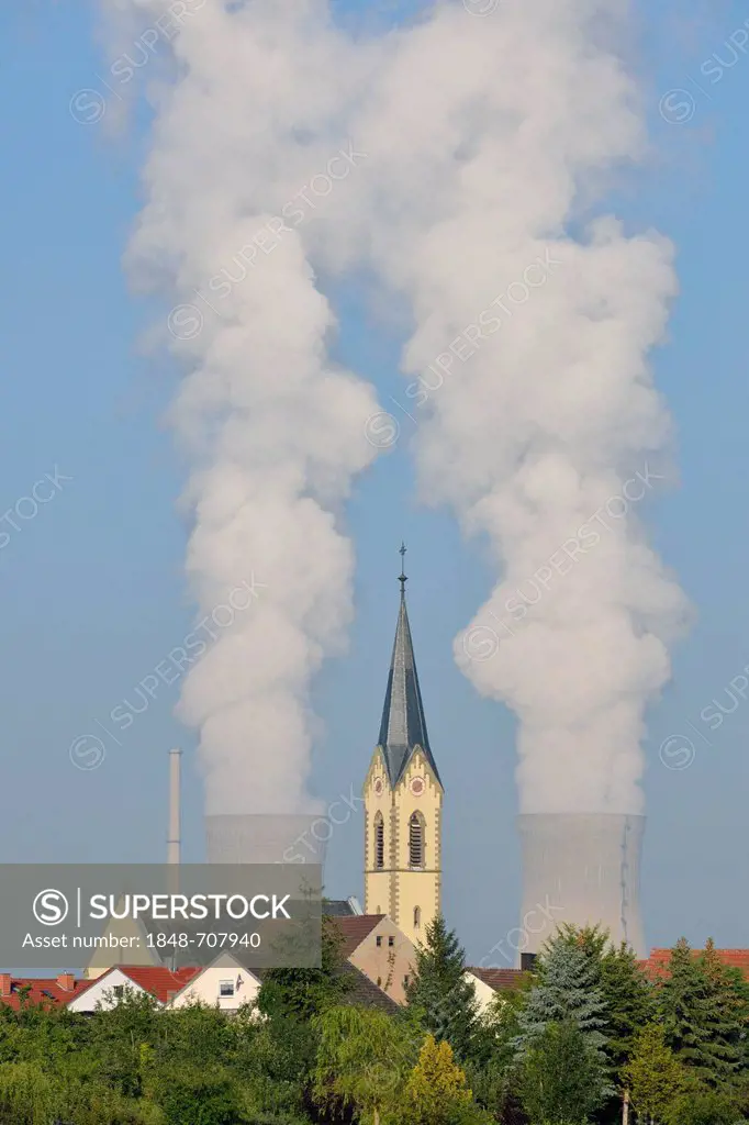 Church of Roethlein in front of Grafenrheinfeld Nuclear Power Plant, Lower Franconia, Bavaria, Germany, Europe