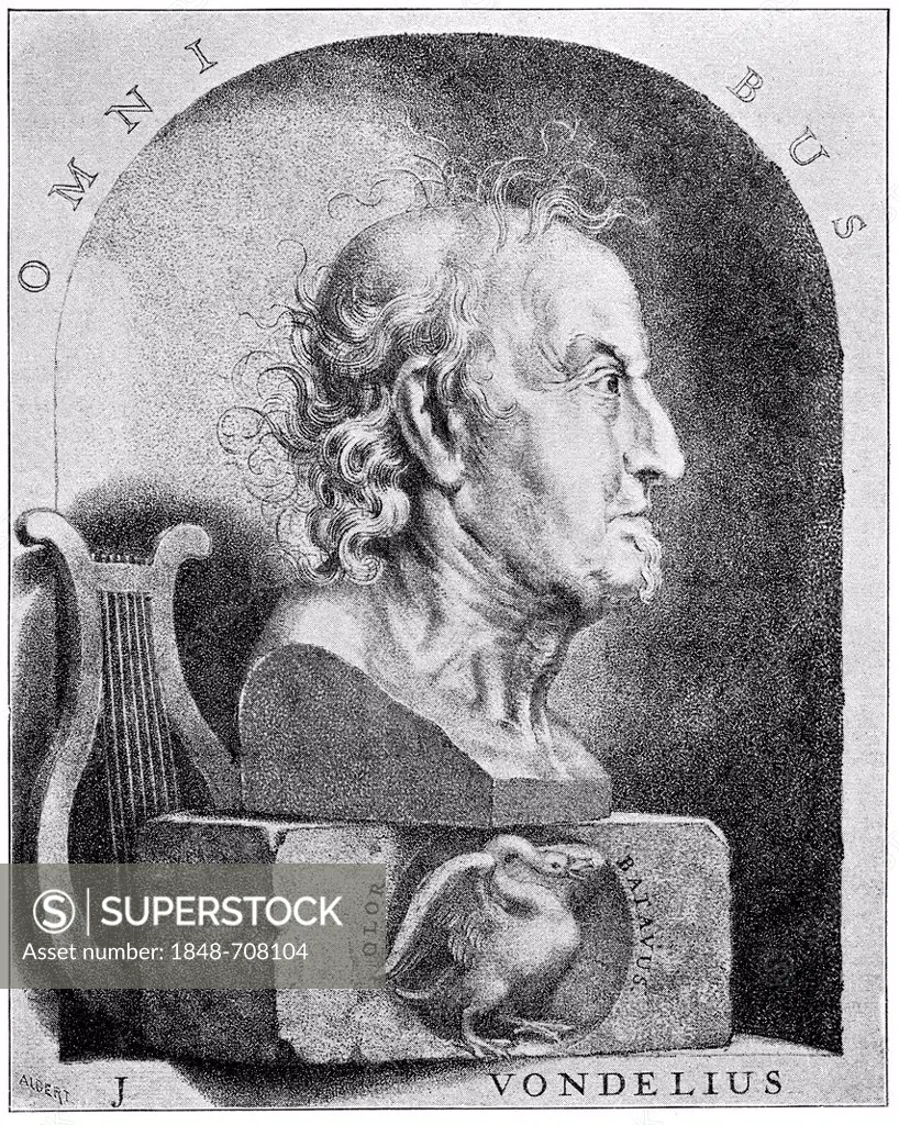 Historical illustration from the 19th century, portrait of Joost van den Vondel, 1587 - 1679, a Dutch poet and dramatist