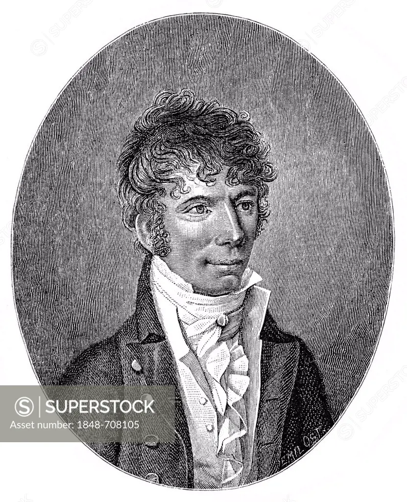 Historical illustration from the 19th century, portrait of Jens Immanuel Baggesen, 1764 - 1826, a Danish writer