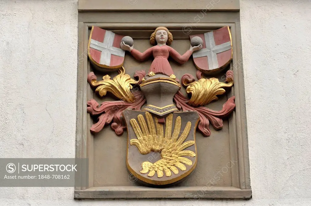 Coat of arms on a crime museum, historic Rothenburg ob der Tauber, Bavaria, Germany, Europe