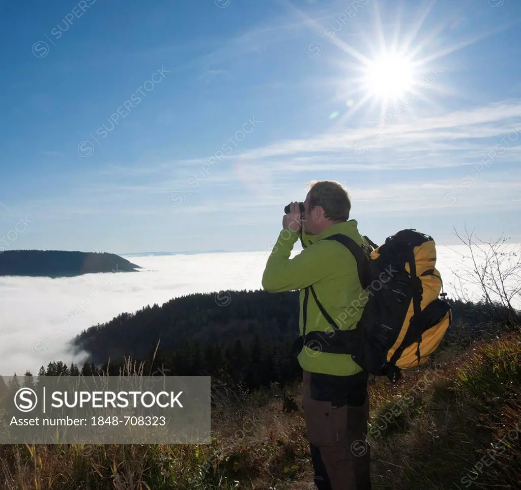 Hiker looking at a fog shrouded valley with binoculars, Black Forest, Baden-Wuerttemberg, Germany, Europe