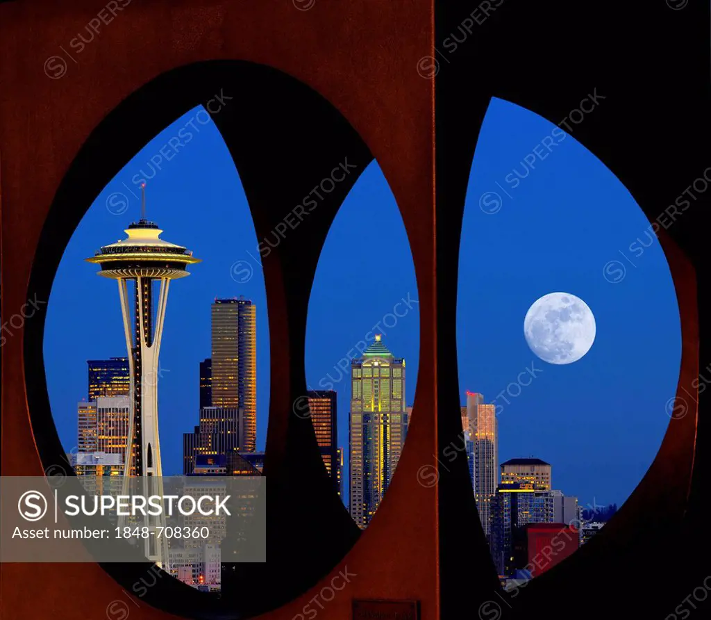 Looking through the steel sculpture Changing Form by Doris Chase, Kerry Park, skyline of the Seattle financial district with Space Needle, full moon, ...