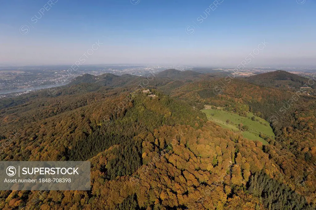 Aerial view, Rhein-Sieg-Kreis district, Siebengebirge mountain range, Koenigswinter, North Rhine-Westphalia, Germany, Europe