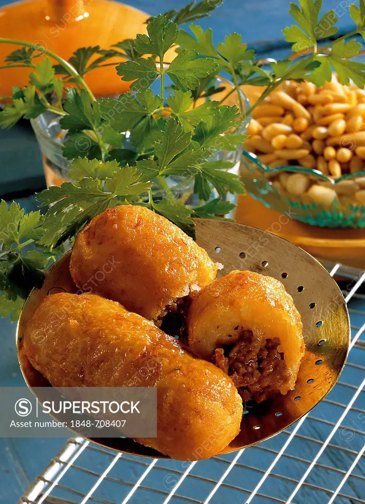 Jerusalem meat rolls, spicy minced meat surrounded by a dough of potatoes and flour with a hint of nutmeg, Israel