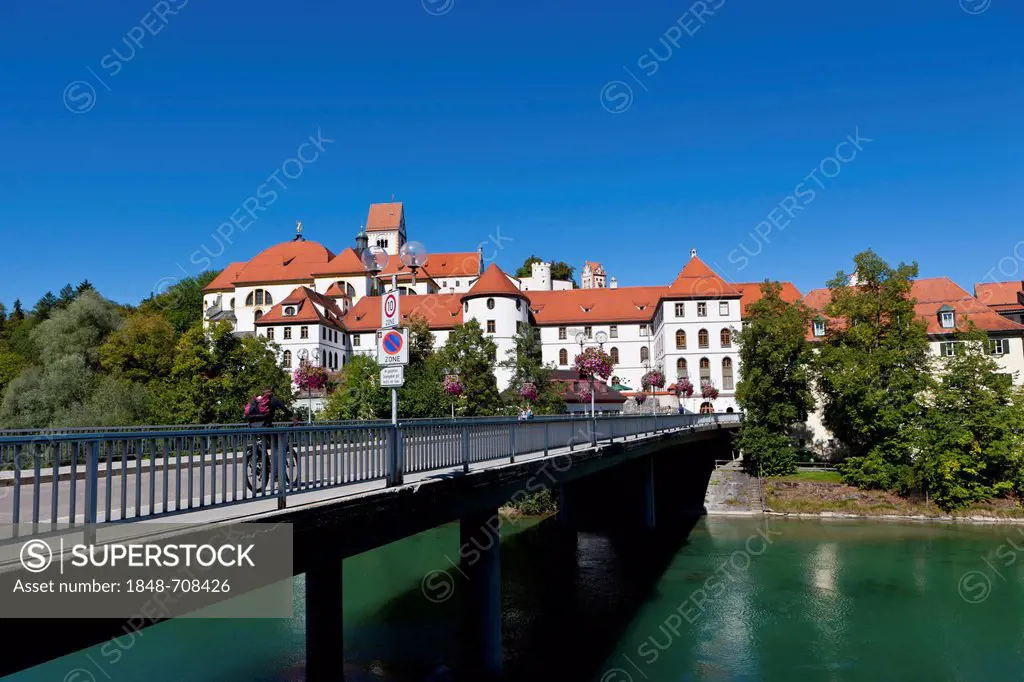 The monastery of St. Mang, a former Benedictine monastery in the diocese of Augsburg, Lech river, Fuessen, East Allgaeu, Swabia, Bavaria, Germany, Eur...
