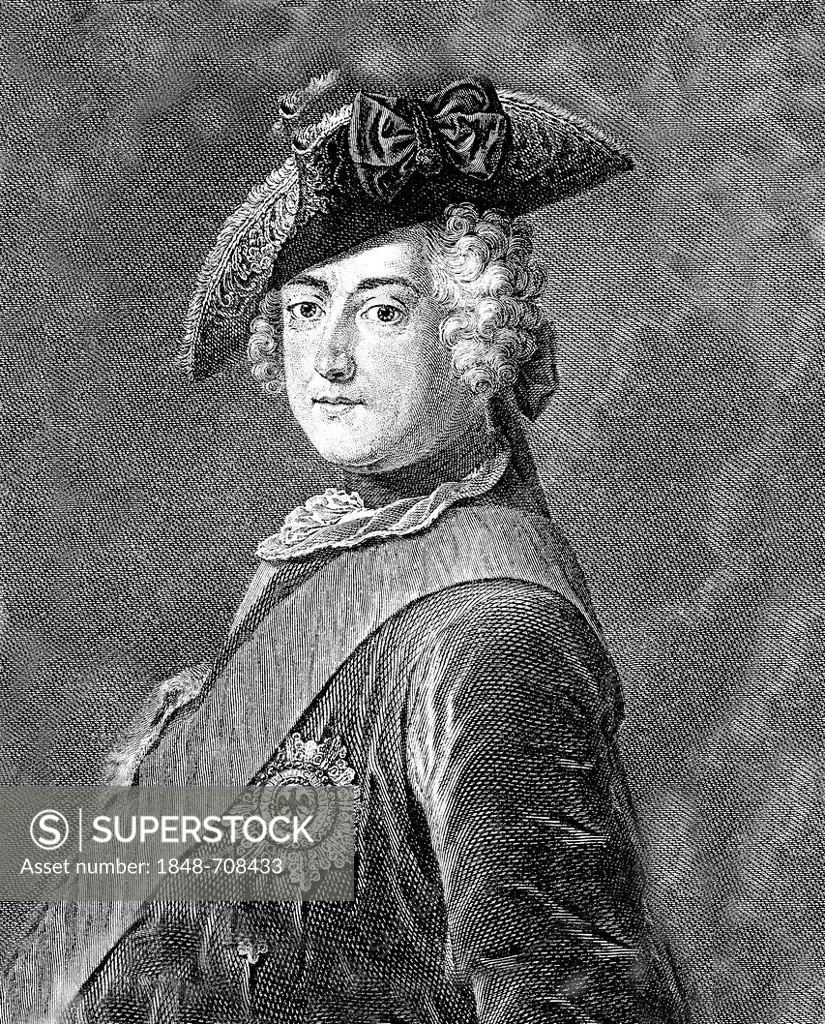 Historic print, engraving, portrait of Frederick II or Frederick the Great or Old Fritz, 1712-1786, King of Prussia and Elector of Brandenburg, from B...