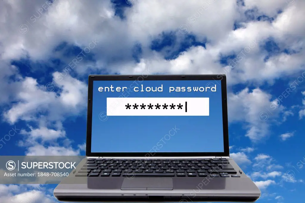 Laptop, lettering enter cloud password, clouds, sky, symbolic image for cloud computing, cloud