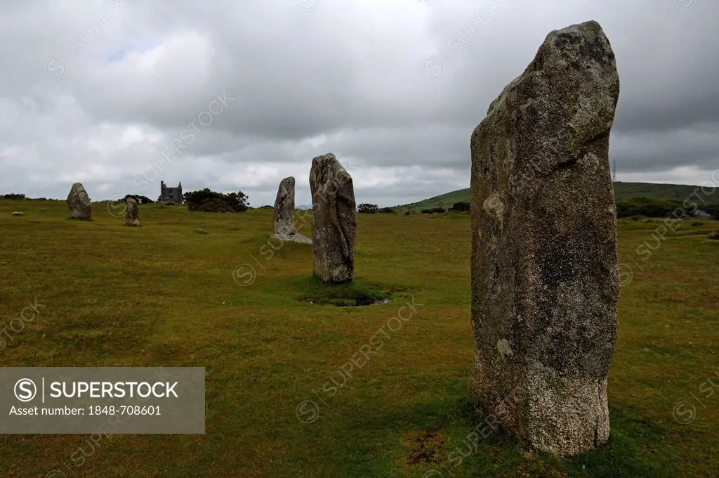 The Hurlers, round stone circle of standing stones from the early Bronze Age on Bodmin Moor, Minions, Dartmoor, Cornwall, England, United Kingdom, Eur...