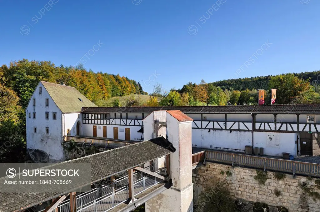 View from the main bastion of the medieval Burg Wildenstein Castle towards the moat with the connecting bridge to the forecastle, Sigmaringen district...