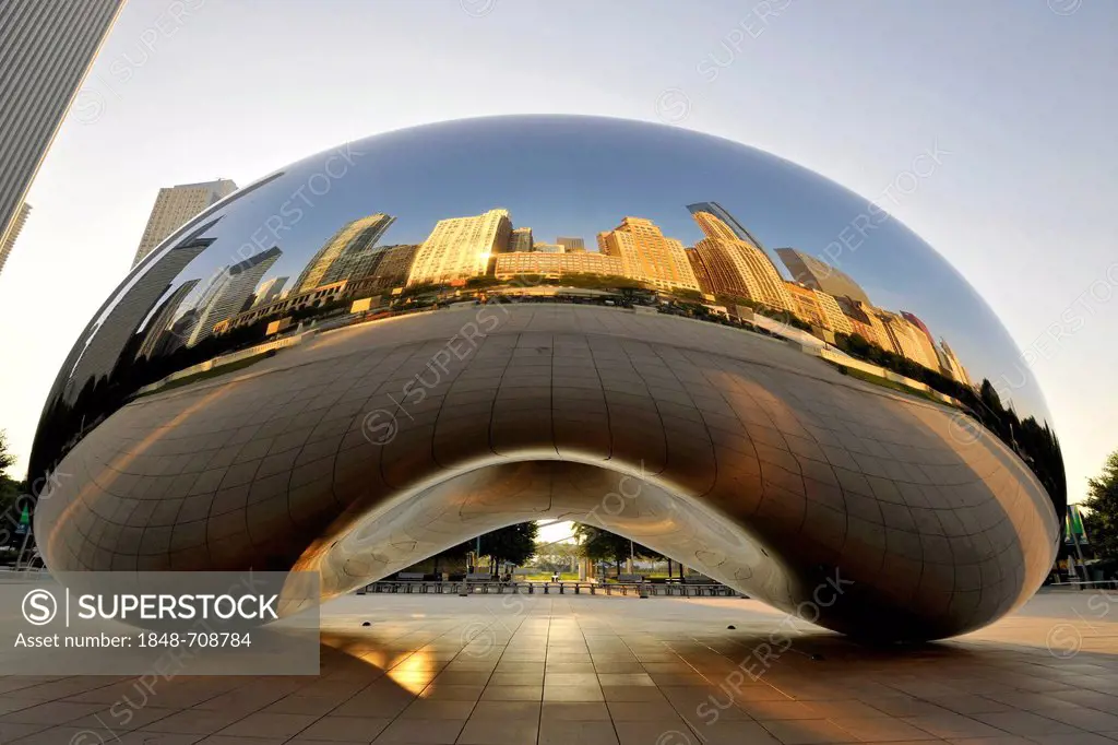 Reflection of the Chicago skyline with Legacy at Millennium Park Building, The Heritage, Pittsfield Building, Cloud Gate sculpture The Bean by Anish K...