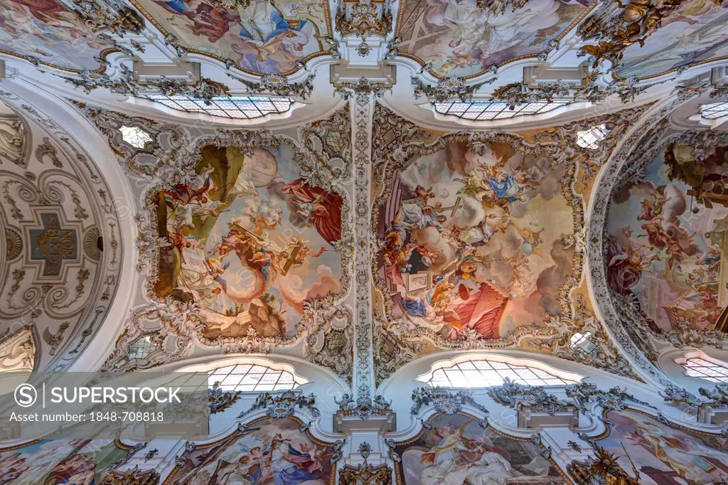 Ceiling paintings in the magnificent parish church of St. John the Baptist, old Premonstratensian abbey church, Steingaden, Upper Bavaria, Bavaria, Ge...