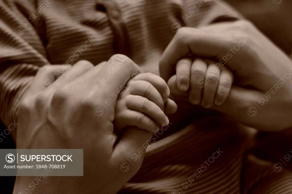 Parental hands holding the hands of a baby