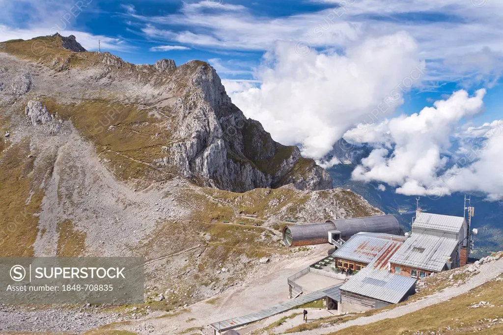 Bergwelt Karwendel nature information center, with a building in the shape of a gigantic telescope, Karwendel mountains, Alps, Bavaria, Germany, Europ...