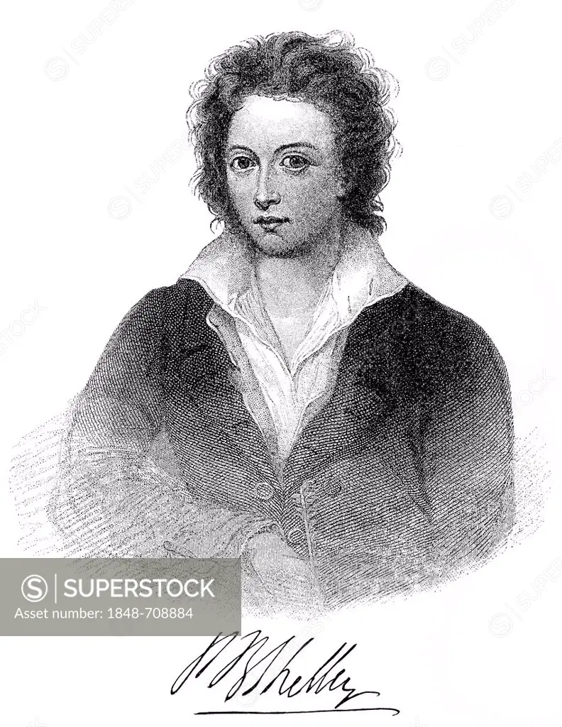 Historical engraving from 19th Century, portrait of Percy Bysshe Shelley, 1792-1822, British writer of romanticism
