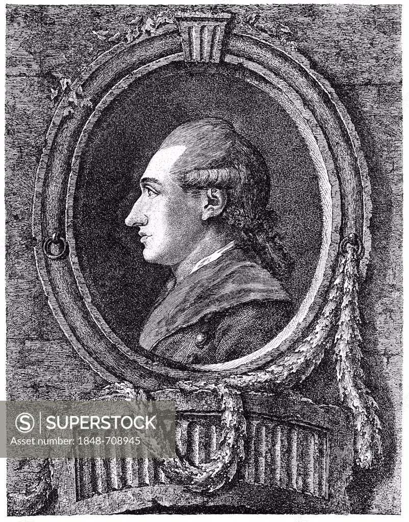 Historical illustration from the 19th century, portrait of Johann Wolfgang von Goethe, 1749 - 1832, a German poet
