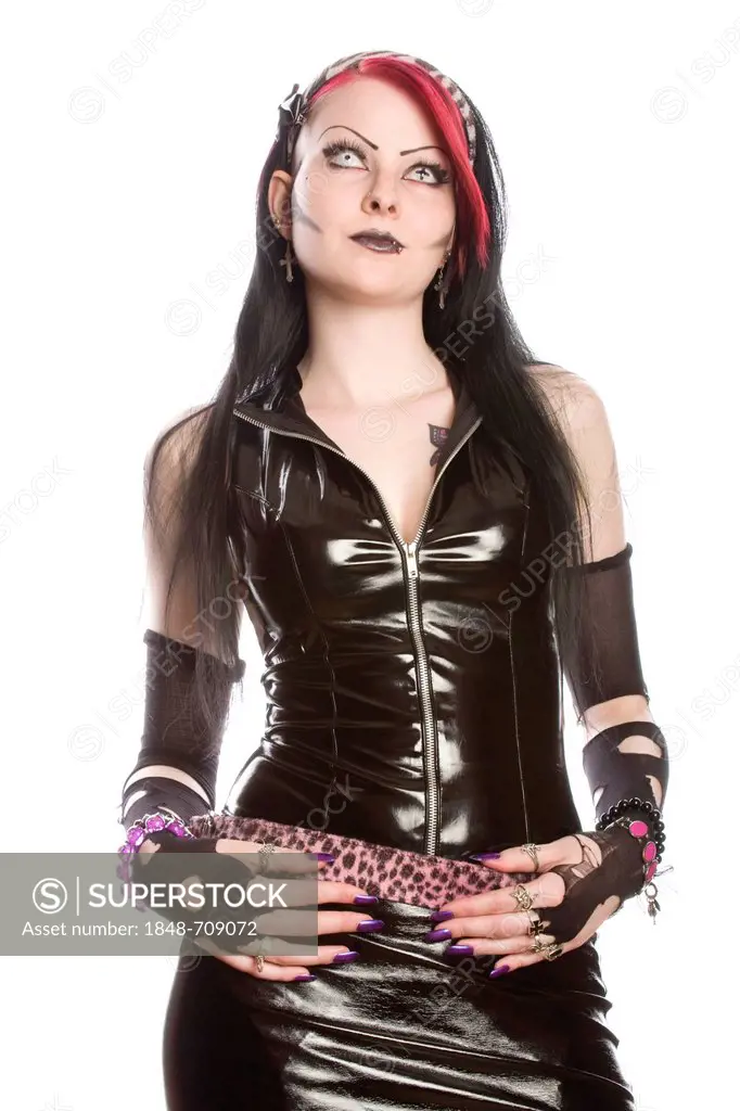 Woman, Gothic, glossy vinyl top, standing