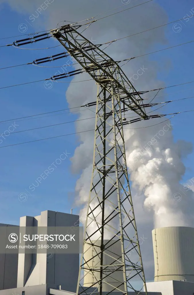High voltage power lines at the lignite-fired power station at Lippendorf, Saxony, Germany, Europe