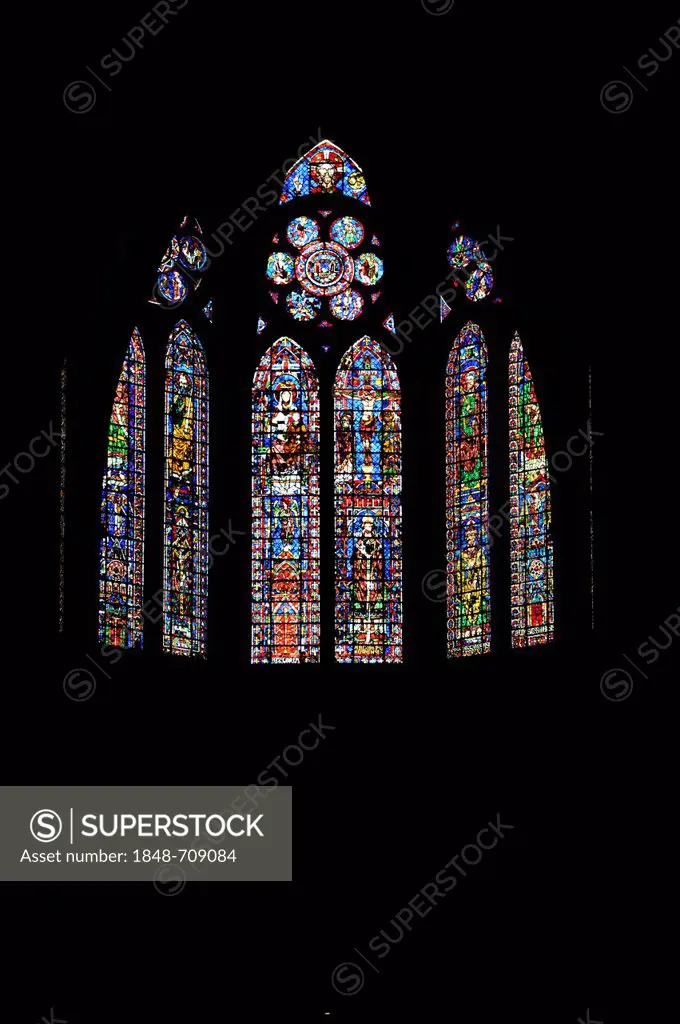 Historical stained glass windows, Chapelle absidial de Sainte Therese, side chapel, Cathedral Notre-Dame de Reims, UNESCO World Heritage Site, Reims, ...