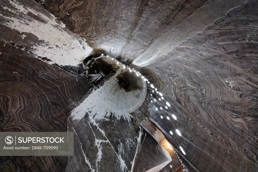 Salina Turda salt mine with hanging lights, Turda, Thorenburg, Cluj, Transylvania, Romania, Europe