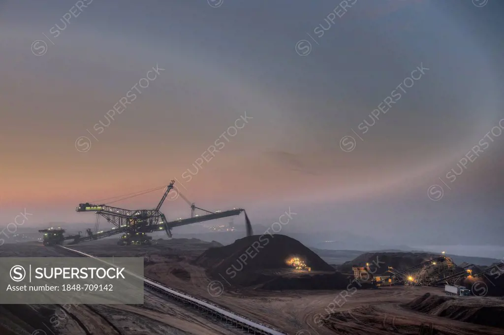 Weather front passing over open-cast lignite mine, Garzweiler, North Rhine-Westphalia, Germany, Europe
