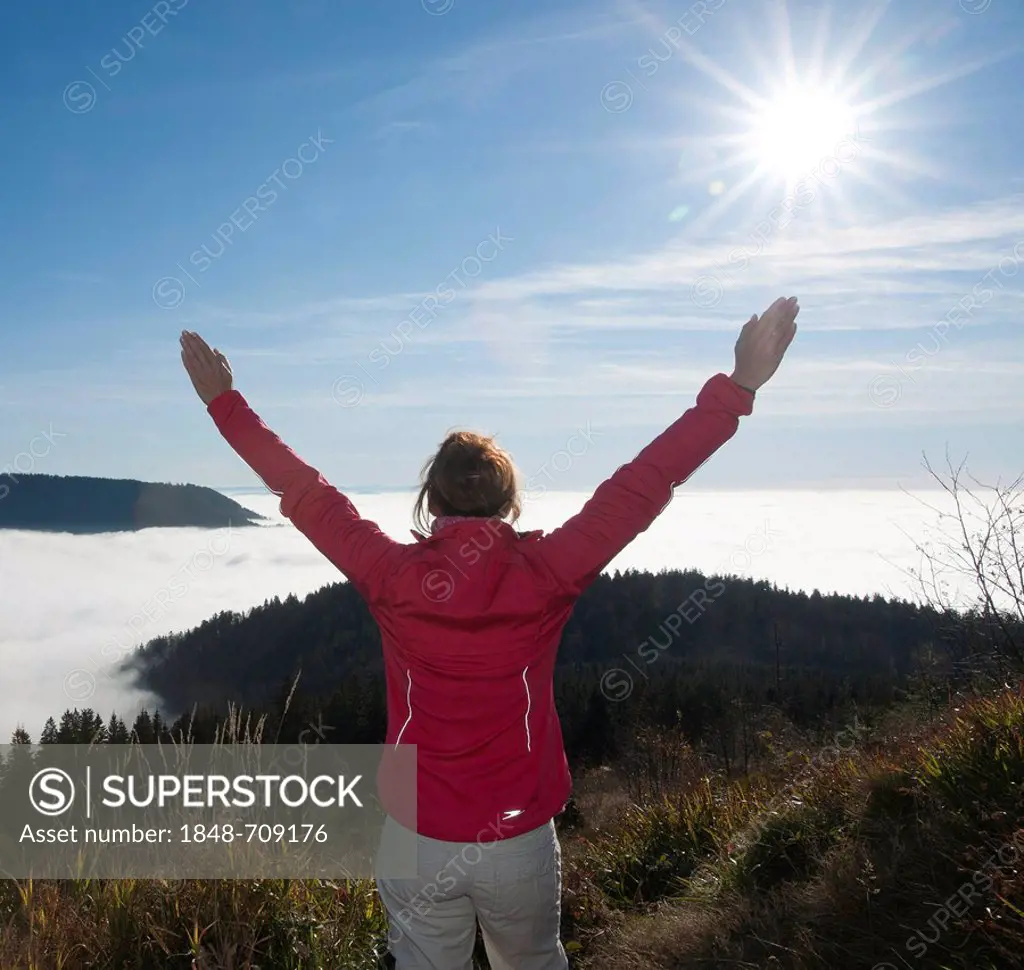 Woman hiker with outstretched arms looking at a fog shrouded valley, Black Forest, Baden-Wuerttemberg, Germany, Europe