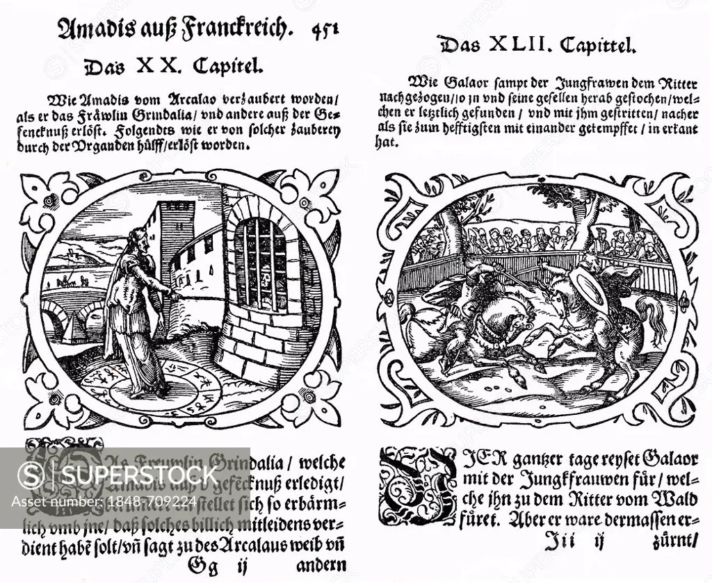 Historic print, woodcut of 1569, page from Amadis of France, a folksy chivalric novel, from Bildatlas zur Geschichte der Deutschen Nationalliteratur, ...