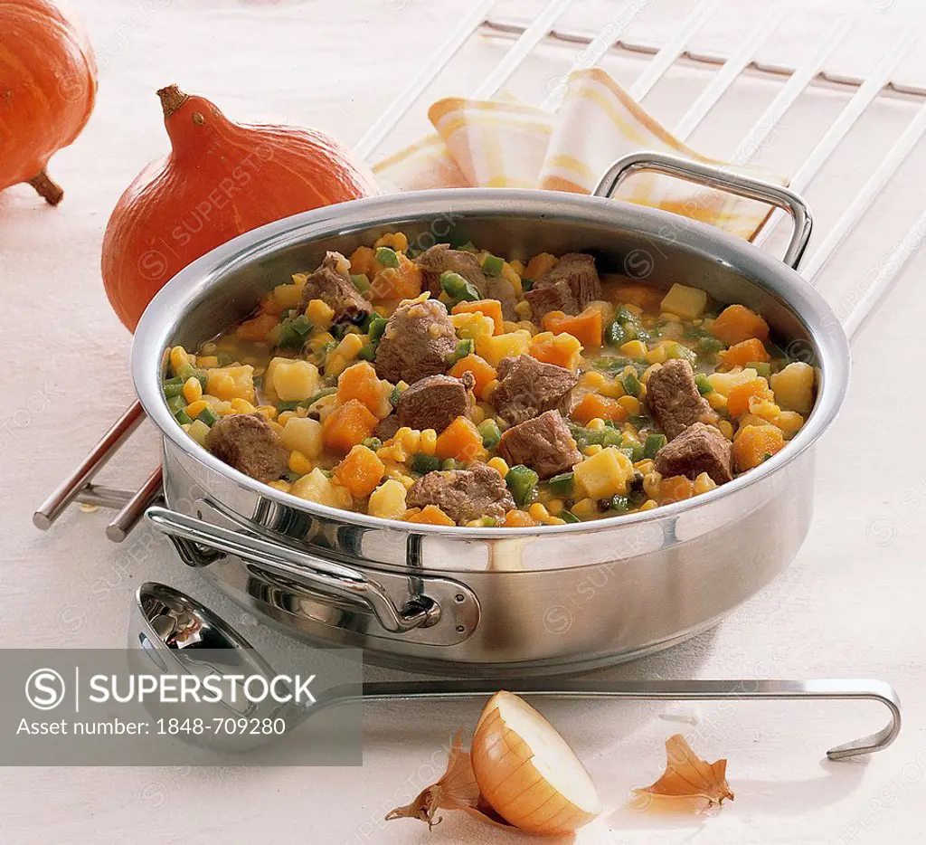 Lamb stew with pumpkin, sweetcorn, onions, potatoes and green peppers, Chile