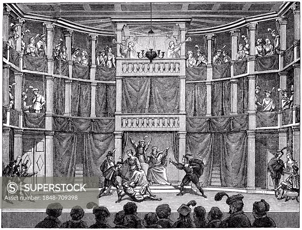 Historical print from the 19th century, interior view of one of an Elizabethan theater of the English Renaissance, a theater stage from the 15th or 16...