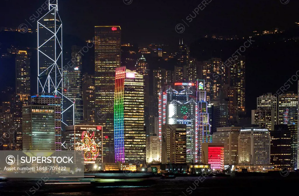 Laser light show on the skyscrapers of the Central District of Hong Kong Island as seen from Kowloon, Hong Kong, China, Asia
