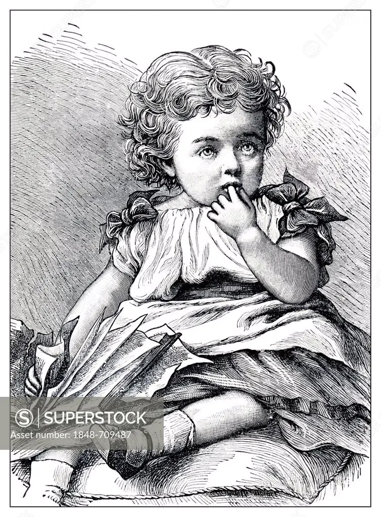 Little girl, historic engraving from 19th Century, from book of I Solskin Hjemmet, Ung og Gammel, Battle Creek, Michigan, 1893