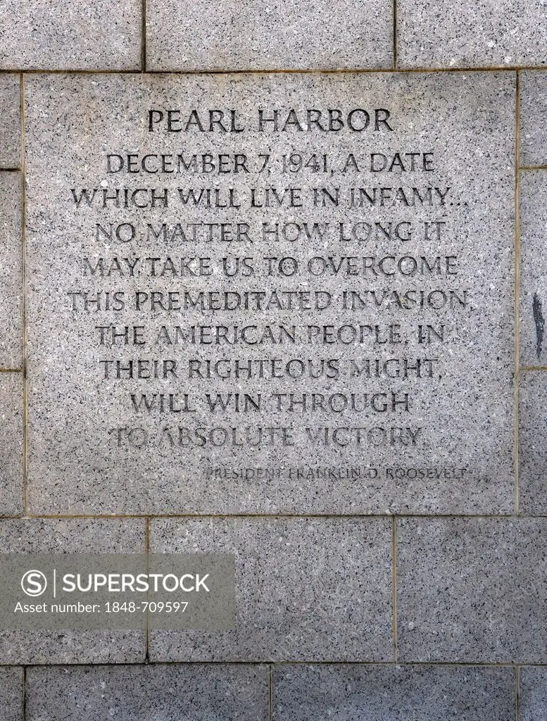 Inscription, excerpt of the Pearl Harbour Speech by Franklin D. Roosevelt, National World War II Memorial, WWII Memorial or Second World War Memorial,...