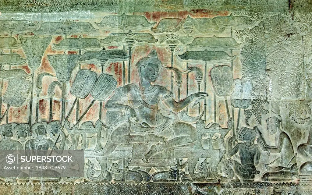Section of the western side bas-relief in the South Gallery, representing King Suryavarman II, the builder of Angkor Wat, Angkor Wat Temple Complex, A...