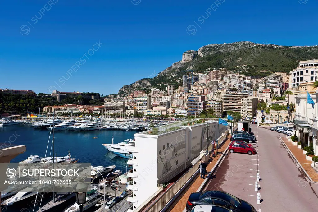 View from Ave de Ostende towards the port and Monte Carlo, Principality of Monaco, Europe, PublicGround