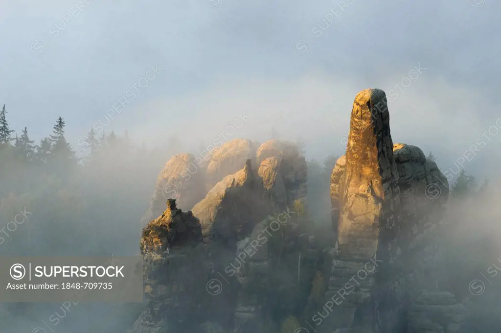 Rocks in the fog in the Elbe Sandstone Mountains, Saxon Switzerland, Saxony, Germany, Europe