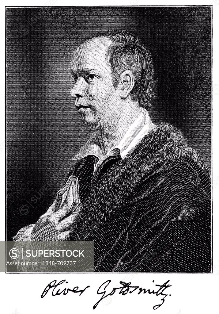 Historical engraving from 19th Century, portrait of Oliver Goldsmith, 1728-1774, Irish writer and physician