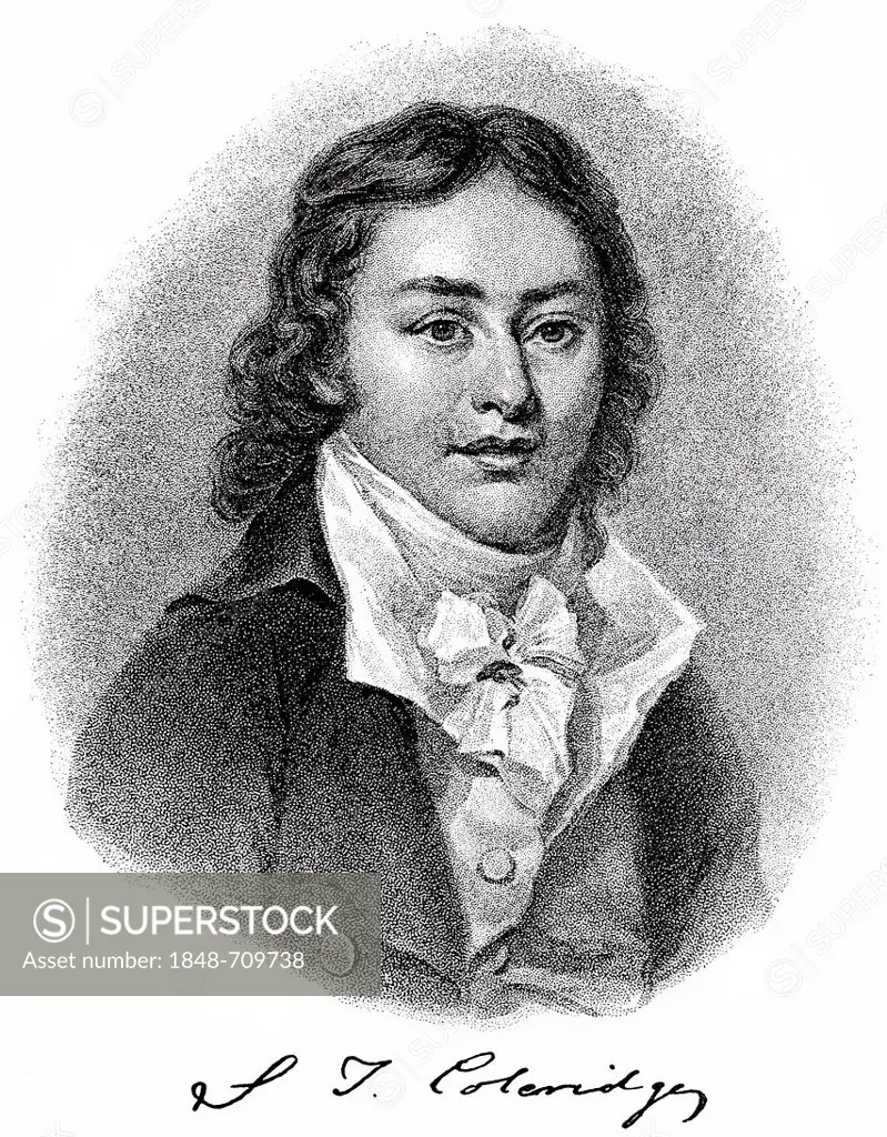 Historical engraving from 19th Century, portrait of Samuel Taylor Coleridge, 1772-1834, English poet of romanticism, critic and philosopher