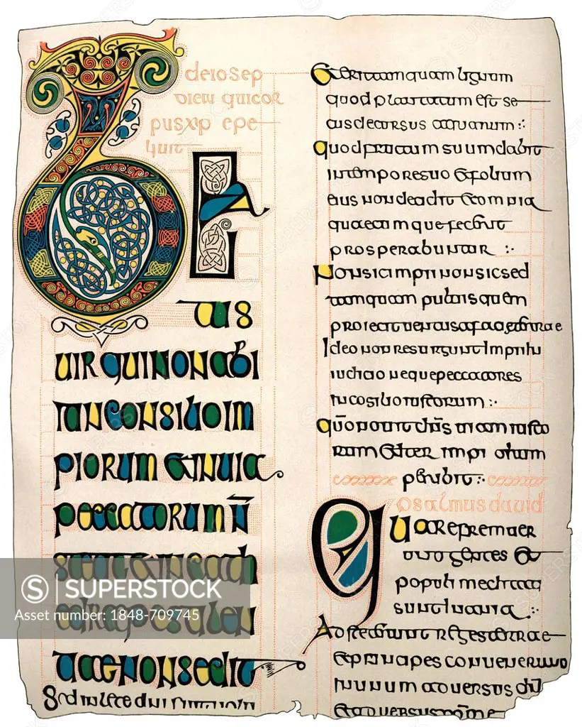 Historical engraving from the 19th Century, page from a Psalter in Irish writing from the 7th Century
