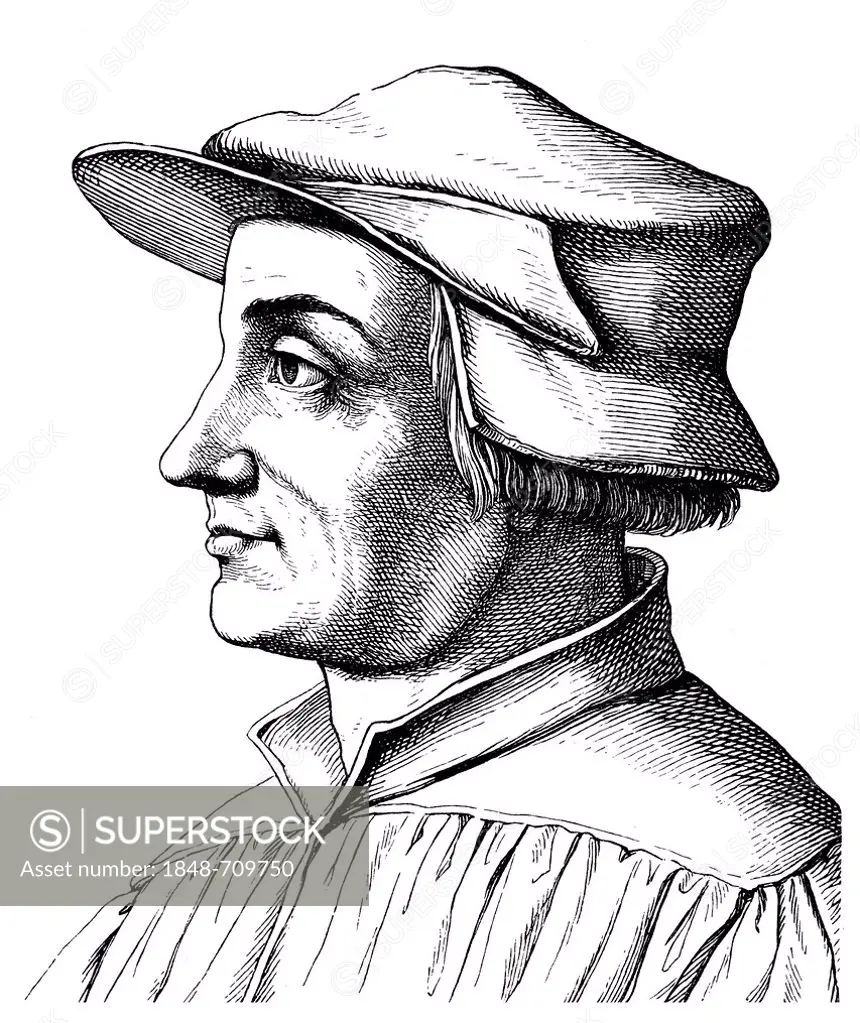 Historical drawing from the 19th Century, portrait of Ulrich Zwingli, 1484 - 1531, a Swiss theologian and reformer of Zurich