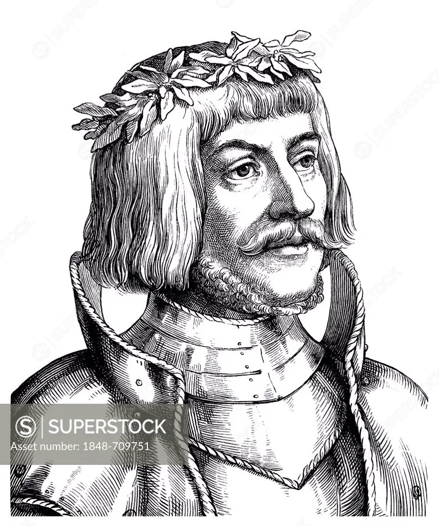 Historical drawing from the 19th Century, portrait of Ulrich von Hutten, 1488 - 1523, a German humanist