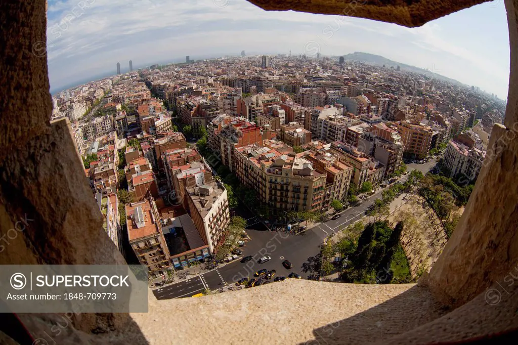 Aerial view from the towers of Sagrada Familia over Barcelona, Catalonia, Spain, Europe