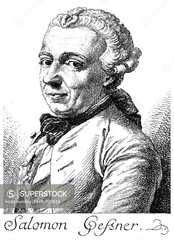 Historical illustration from the 19th century, portrait of Salomon Gessner, 1730 - 1788, a Swiss poet, painter and graphic artist