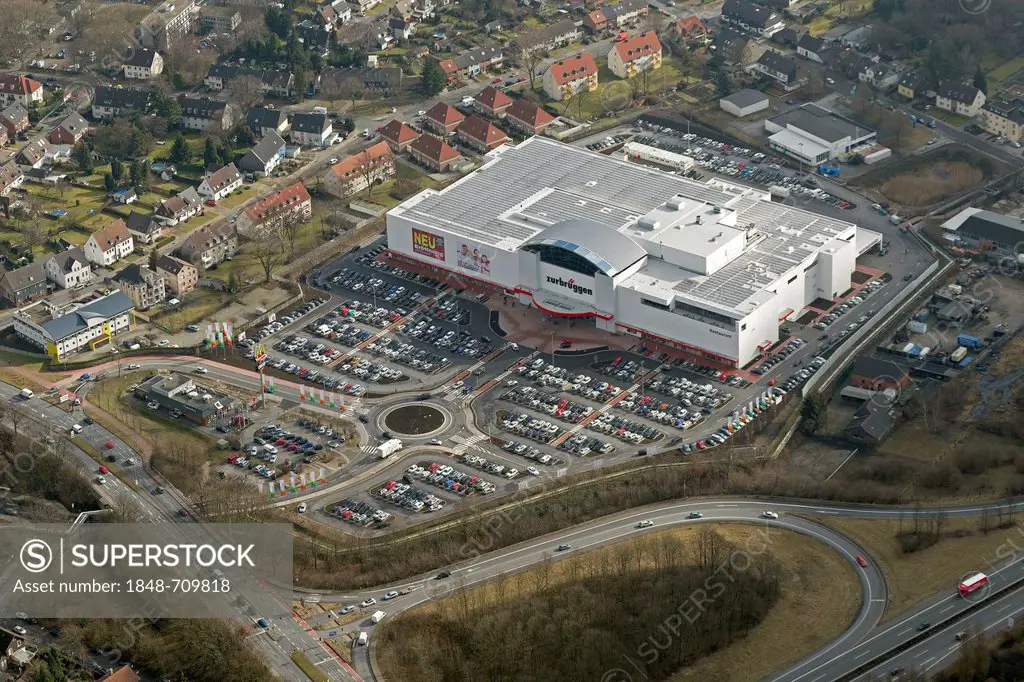 Aerial view, new location of the furniture company Zurbrueggen, furniture store, car park, Herne, Ruhr Area, North Rhine-Westphalia, Germany, Europe