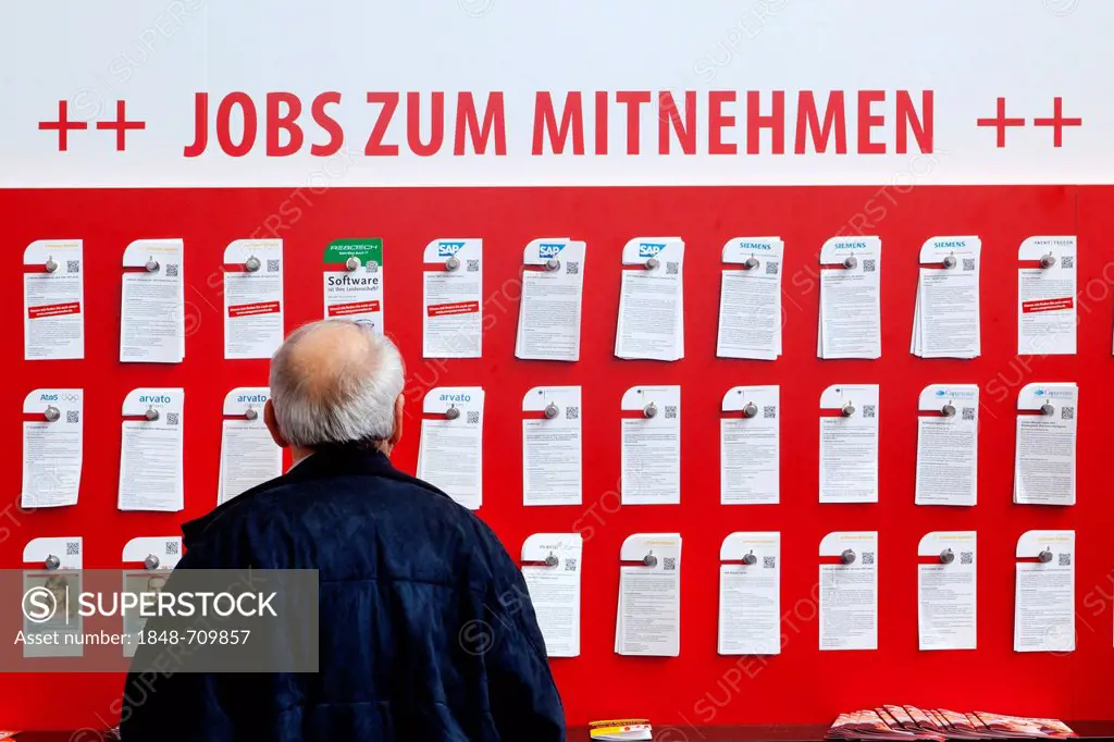 Exhibition stand of the employment office, lettering Jobs zum Mitnehmen, German for Pick up a job here, CeBIT international computer expo, Hannover, L...