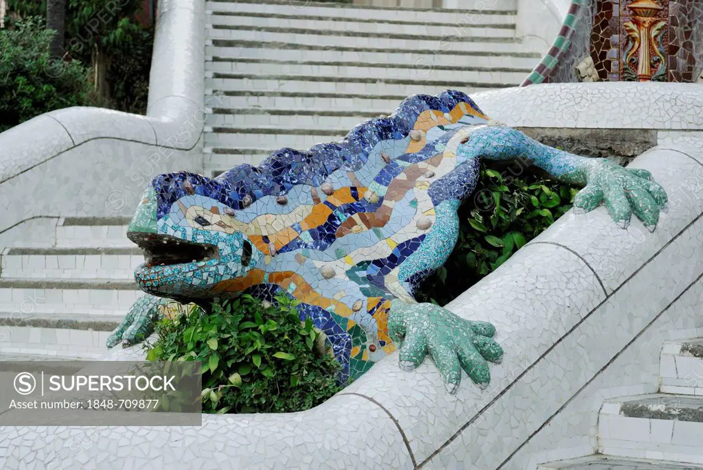 Reptile mosaic in Park Gueell, designed by Antoni Gaudí, UNESCO World Cultural Heritage Site, Barcelona, Catalonia, Spain, Europe