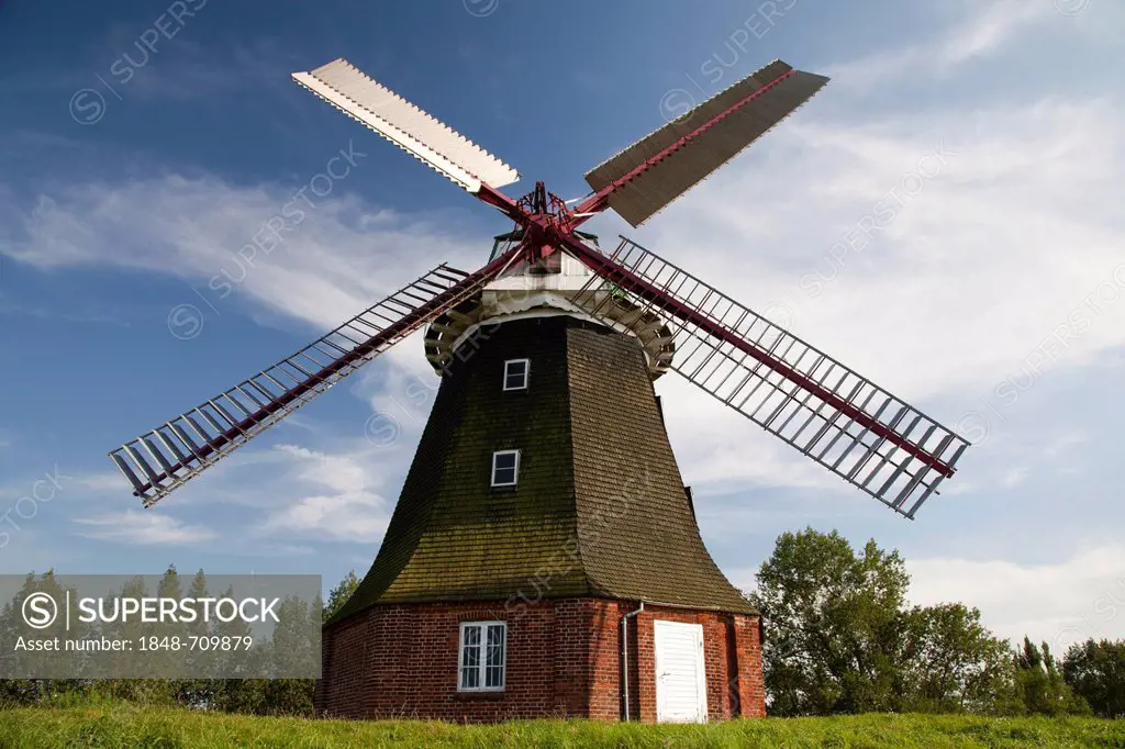 Dutch windmill of Stove, built in 1889, Boiensdorf, Northwest-Mecklenburg District, Mecklenburg-Western Pomerania, Germany, Europe