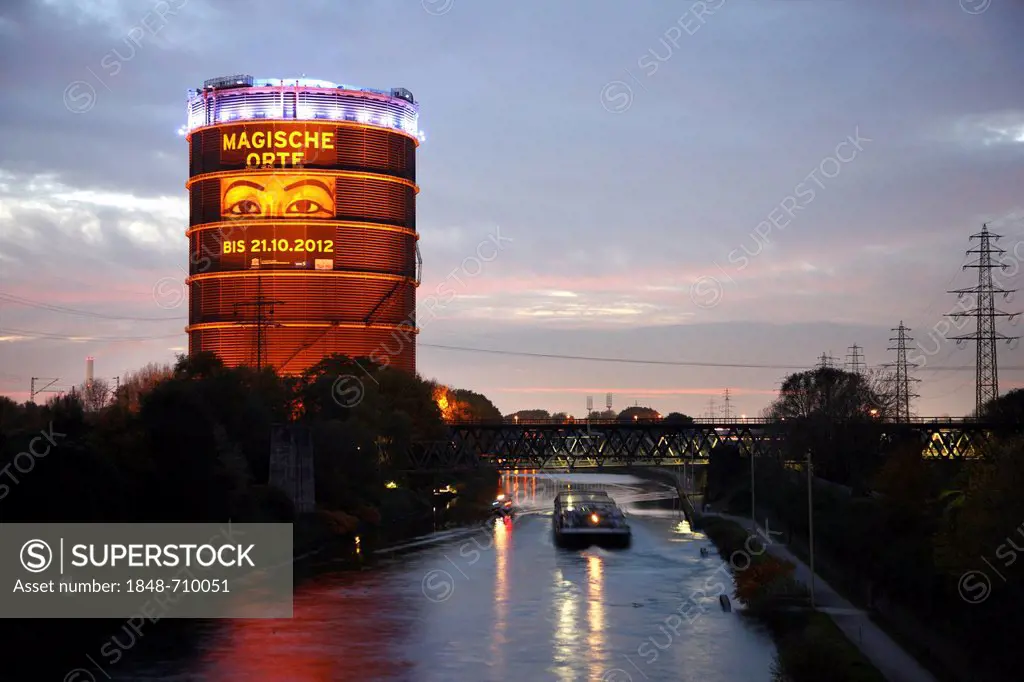 Gasometer with the exhibition Magische Orte, Magical Places, on the Rhine-Herne Canal, Oberhausen, Ruhr Area, North Rhine-Westphalia, Germany, Europe