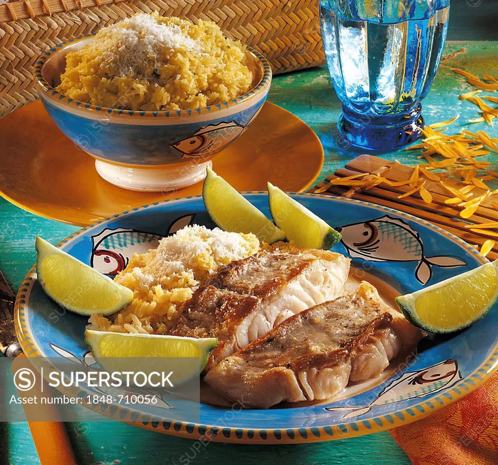 Coalfish with lime and coconut rice, Seychelles