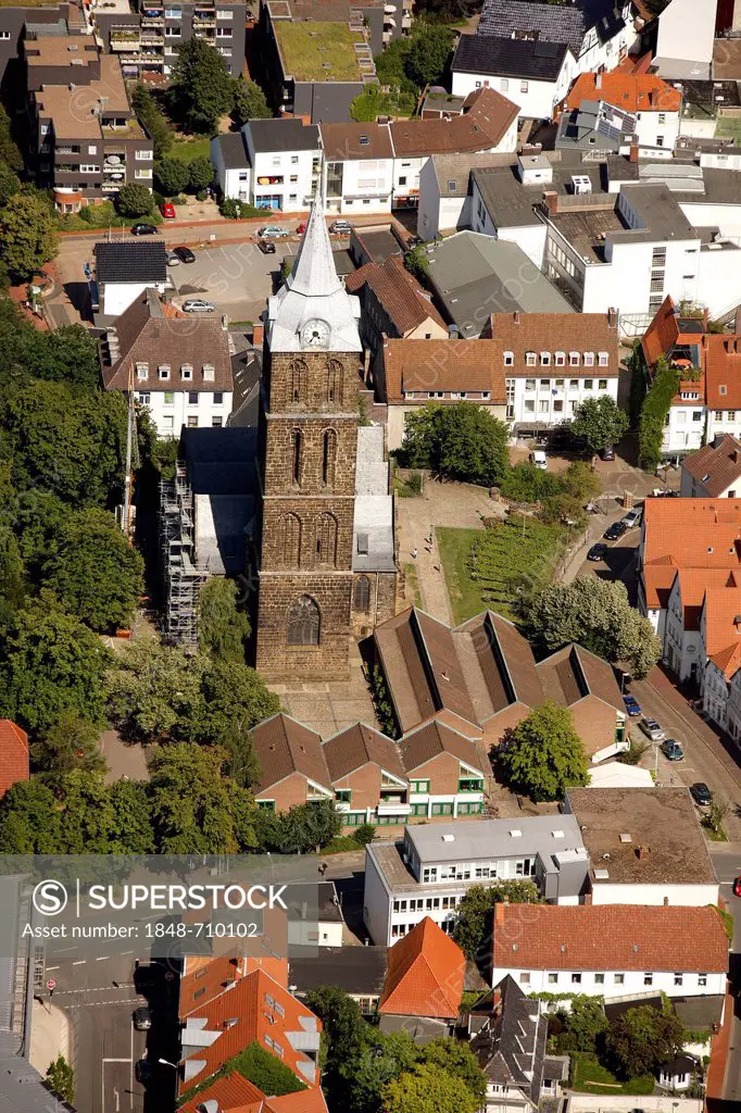 Aerial view, steeple of Marienkirche or St. Mary's church in Minden, Minden-Luebbecke, North Rhine-Westphalia, Germany, Europe