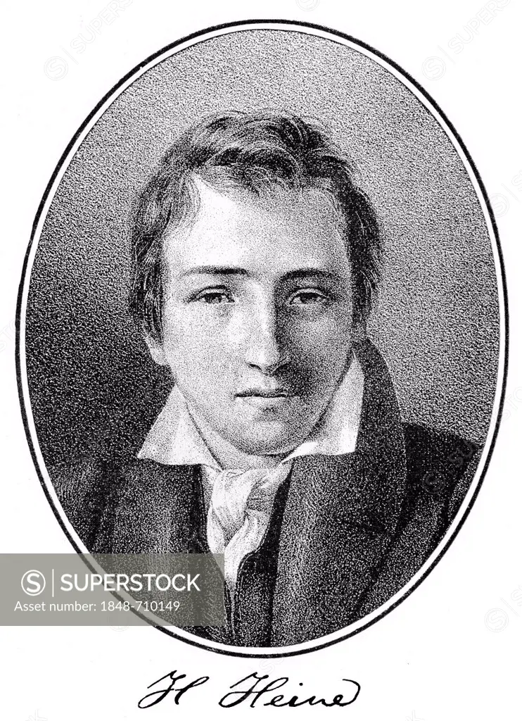 Historical print, 1831, portrait of Christian Johann Heinrich Heine, 1797 - 1856, a German poet, writer and journalist, from Bildatlas zur Geschichte ...